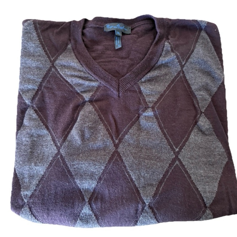 Enzo Mantovani 100% Merino Wool V-neck Pullover Sweater Mens SZ XL ITALY Argyle